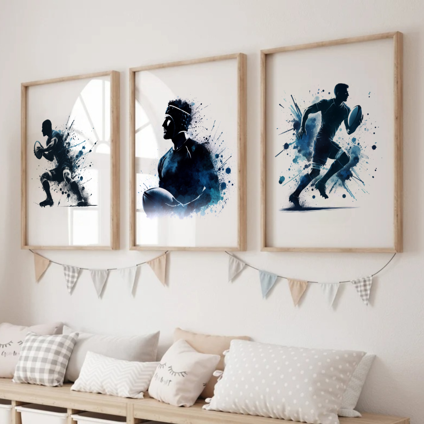Dark Blue Rugby Players Print Set - Rugby Collection Set of 3
