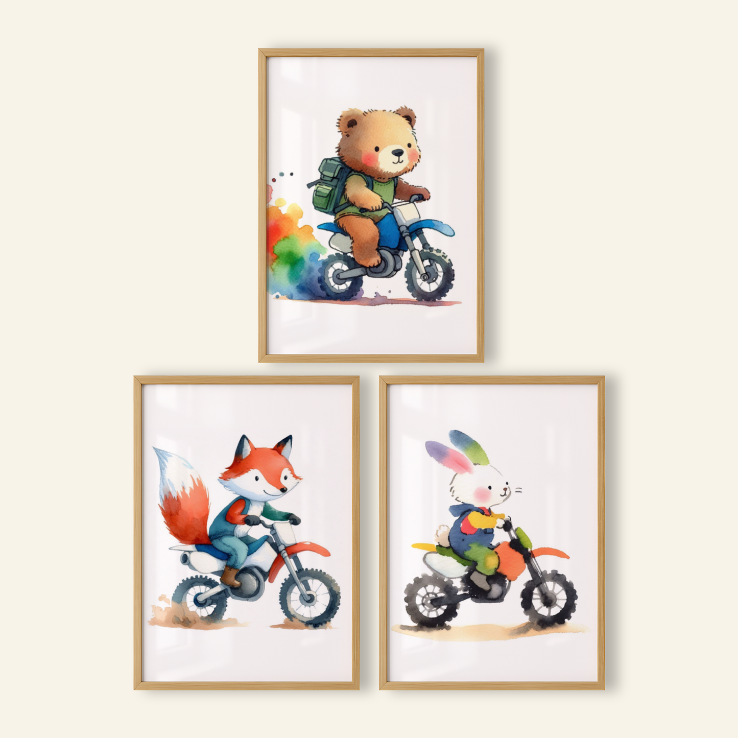 Nursery Woodland Animal Bikers - Animal Motorbike Print Set of 3