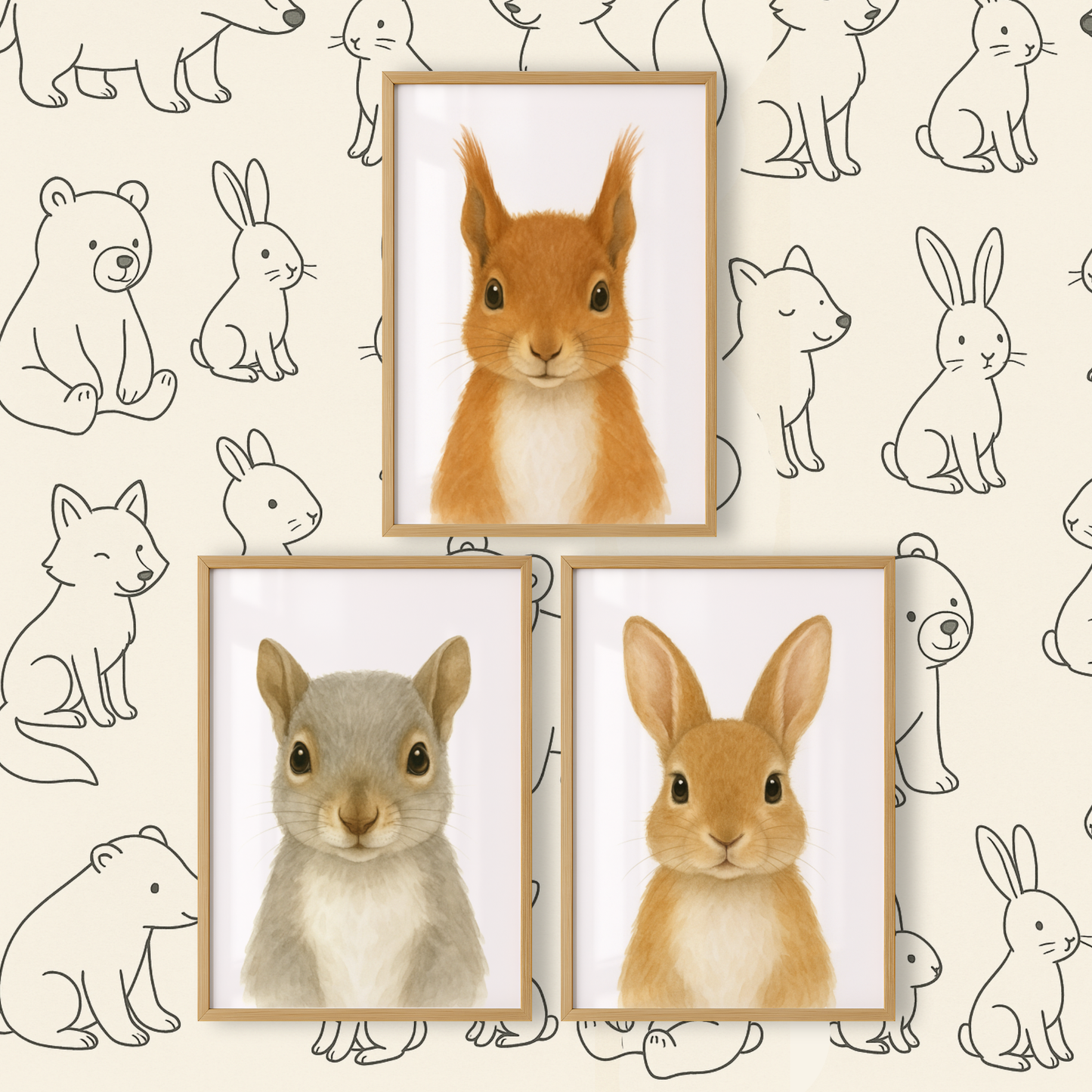 Red Squirrel, Grey Squirrel & Rabbit - Woodland Nursery Print Set of 3