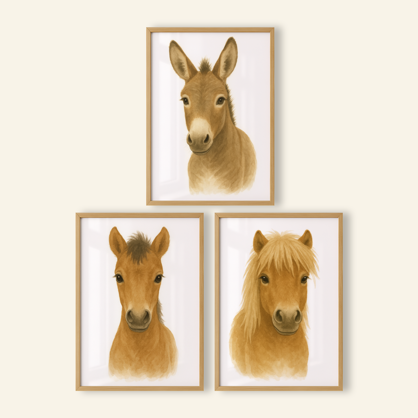 Horse & Donkey Print Set - Nursery Farmyard Animal Collection Set of 3