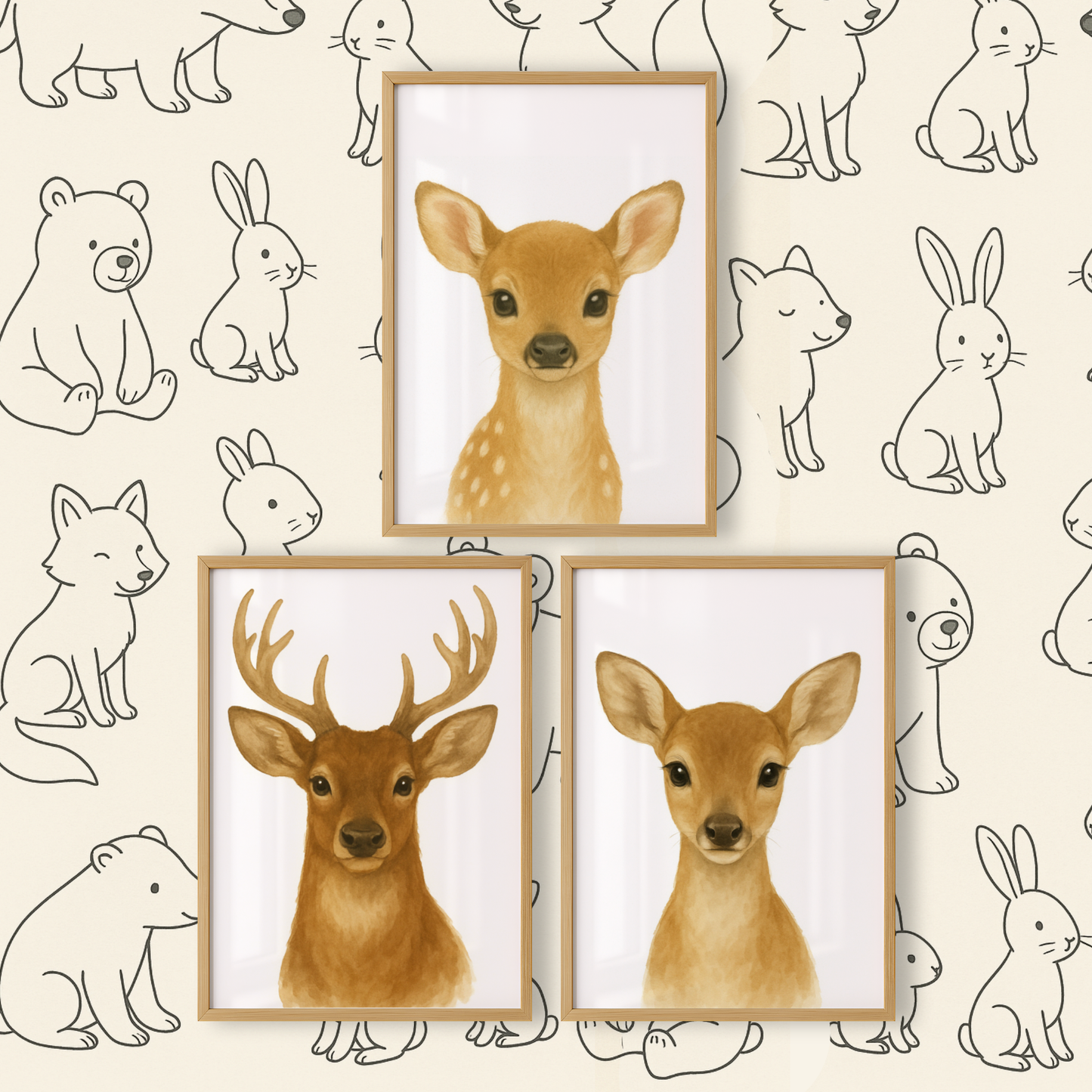 Baby Deer, Stag & Female Deer - Woodland Nursery Print Set of 3