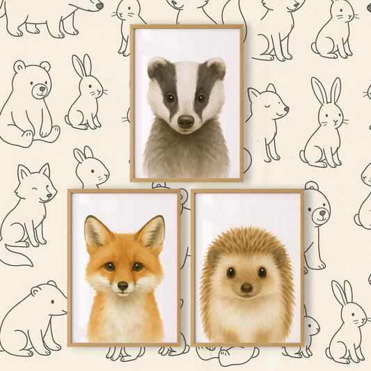 Badger, Fox & Hedgehog - Woodland Nursery Print Set of 3