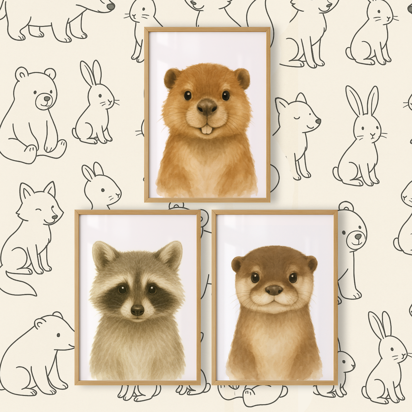 Beaver, Racoon & Otter - Woodland Nursery Print Set of 3