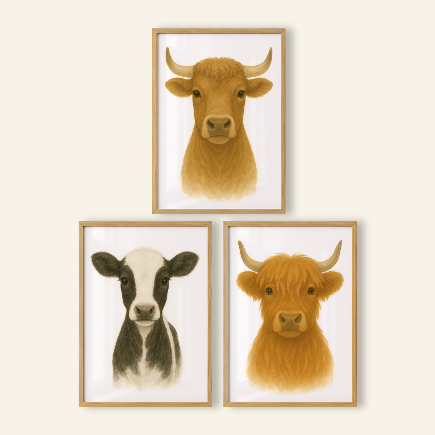 Watercolour Cows Print Set - Nursery Farmyard Animal Collection Set of 3