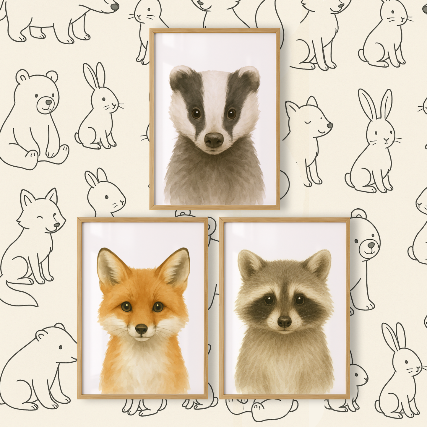 Badger, Fox & Racoon - Woodland Nursery Print Set of 3