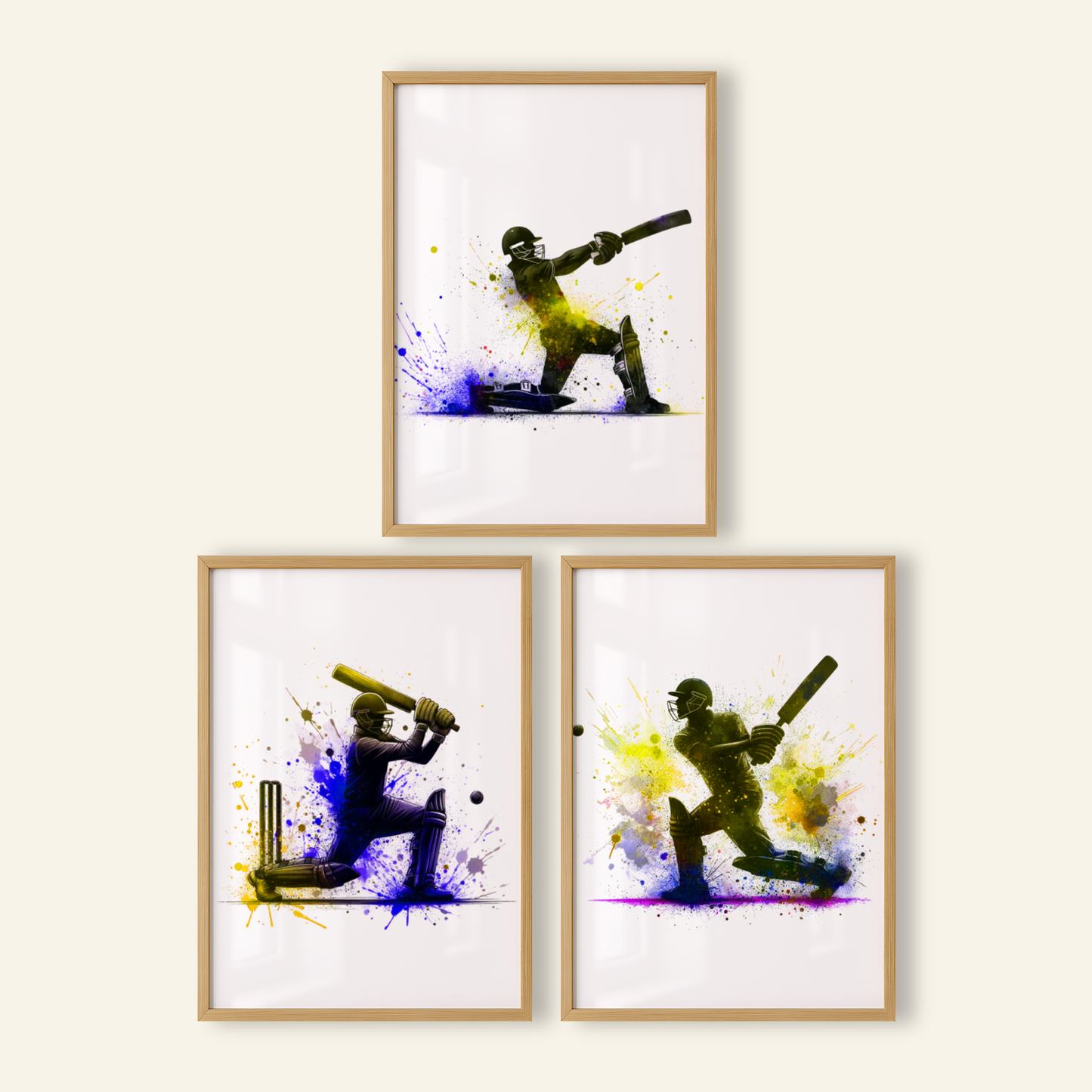 Yellow Cricket Batsmen Print Set - Cricket Collection Set of 3