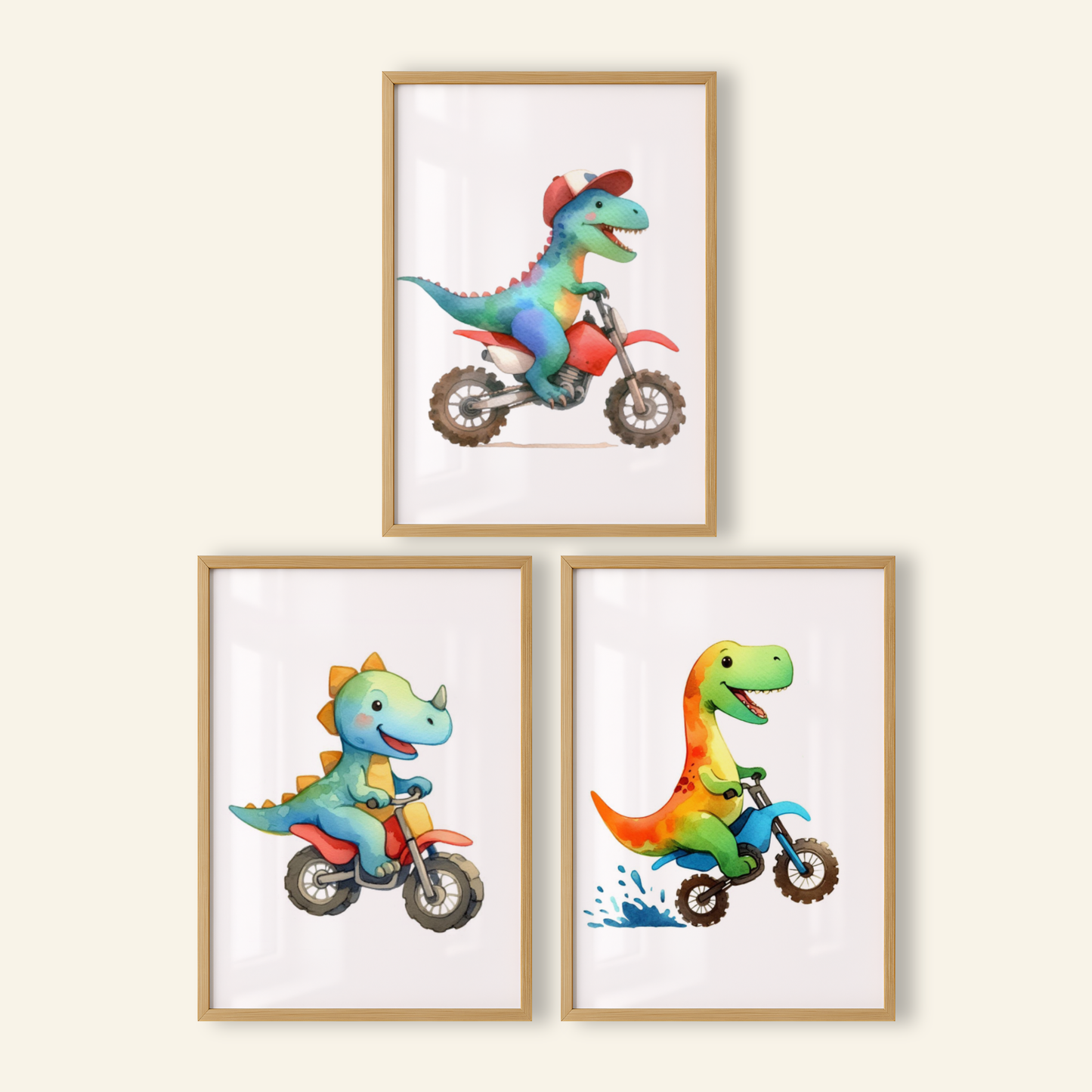 Nursery Dinosaur Bikers - Animal Motorbike Print Set of 3