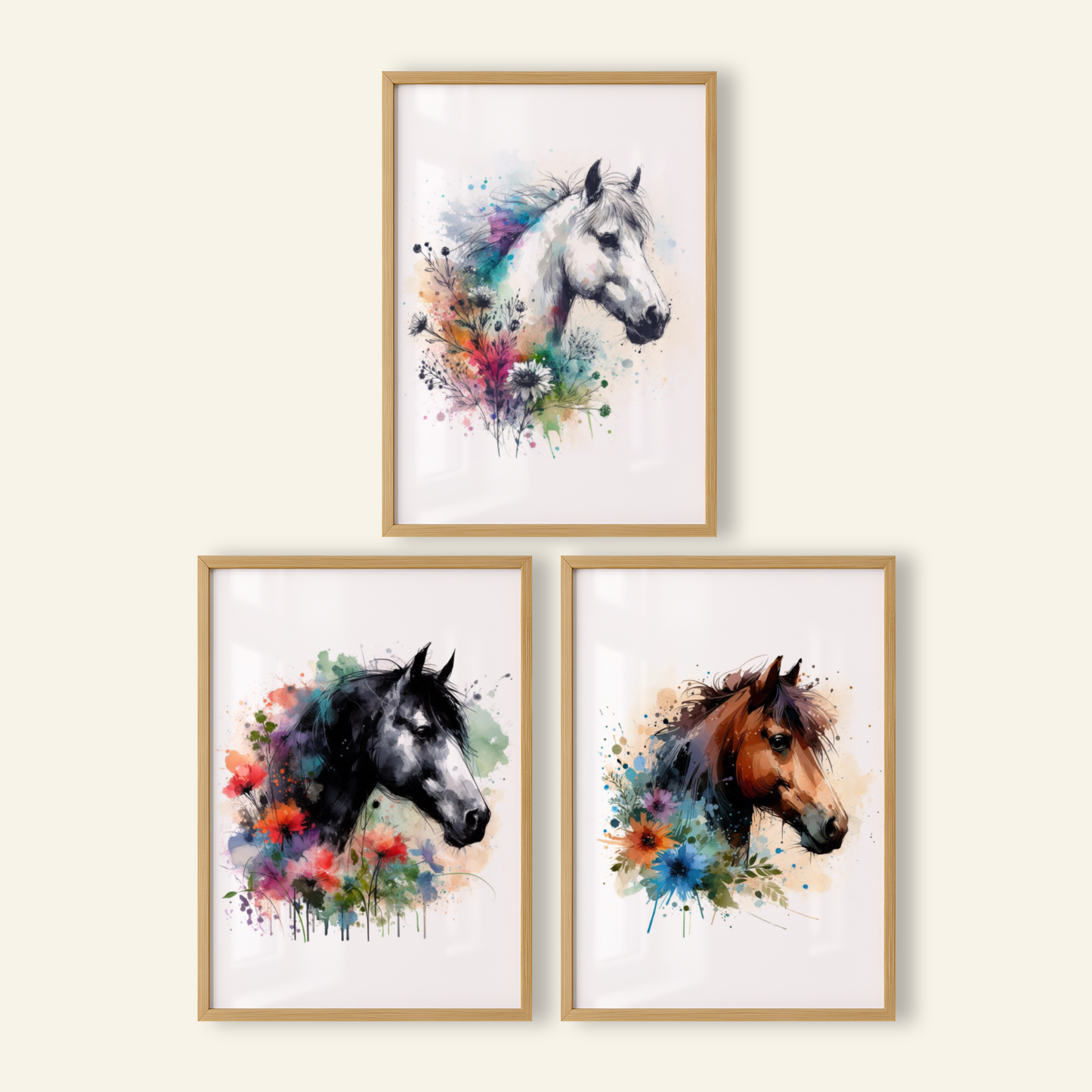 Floral Horse Portrait Print Set - Horse & Pony Collection Set of 3