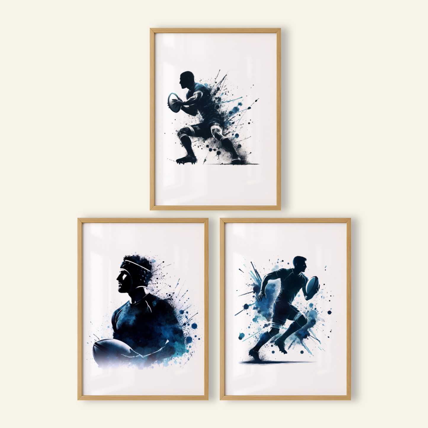 Dark Blue Rugby Players Print Set - Rugby Collection Set of 3