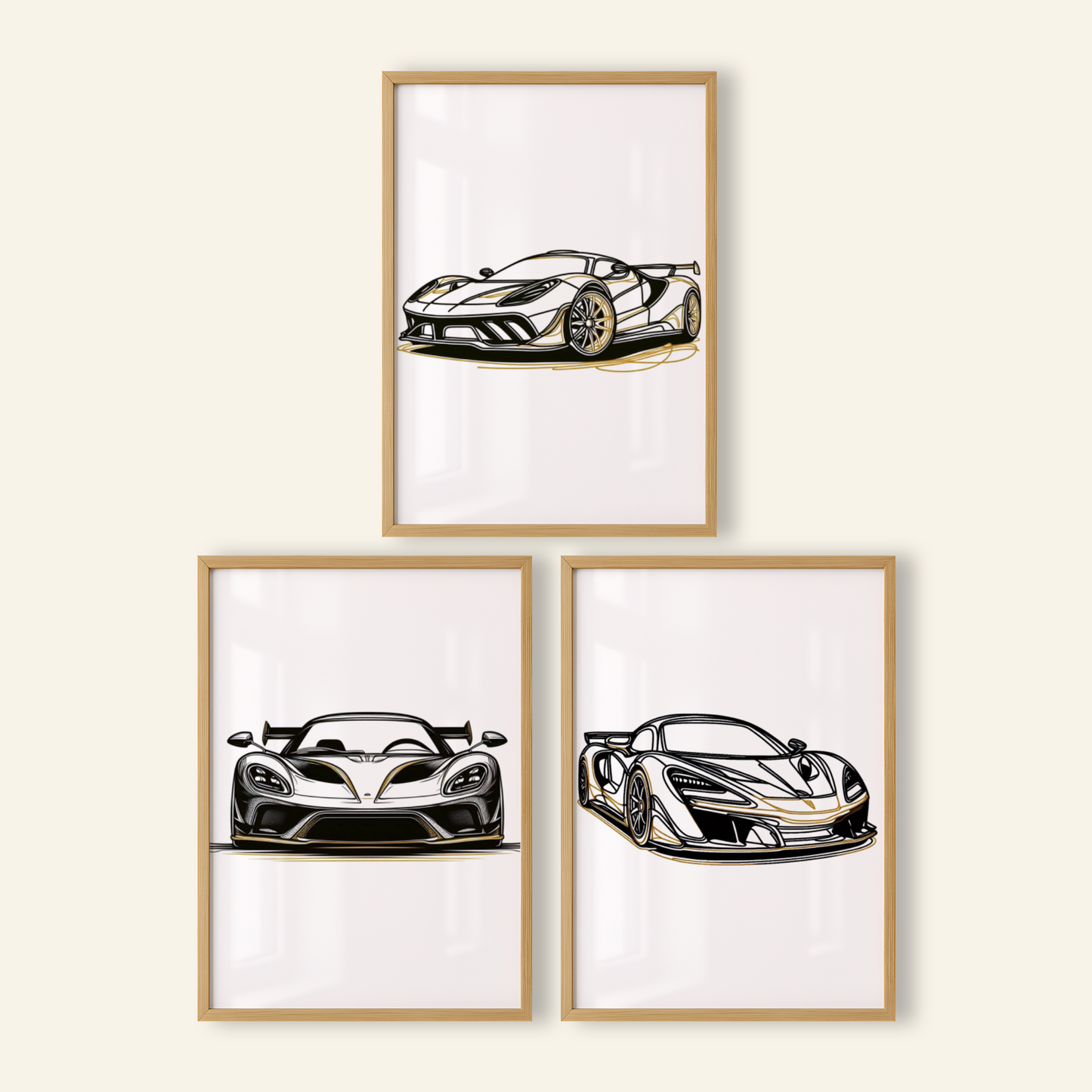 Black & Gold Supercar Print Set - Vehicle Collection Set of 3