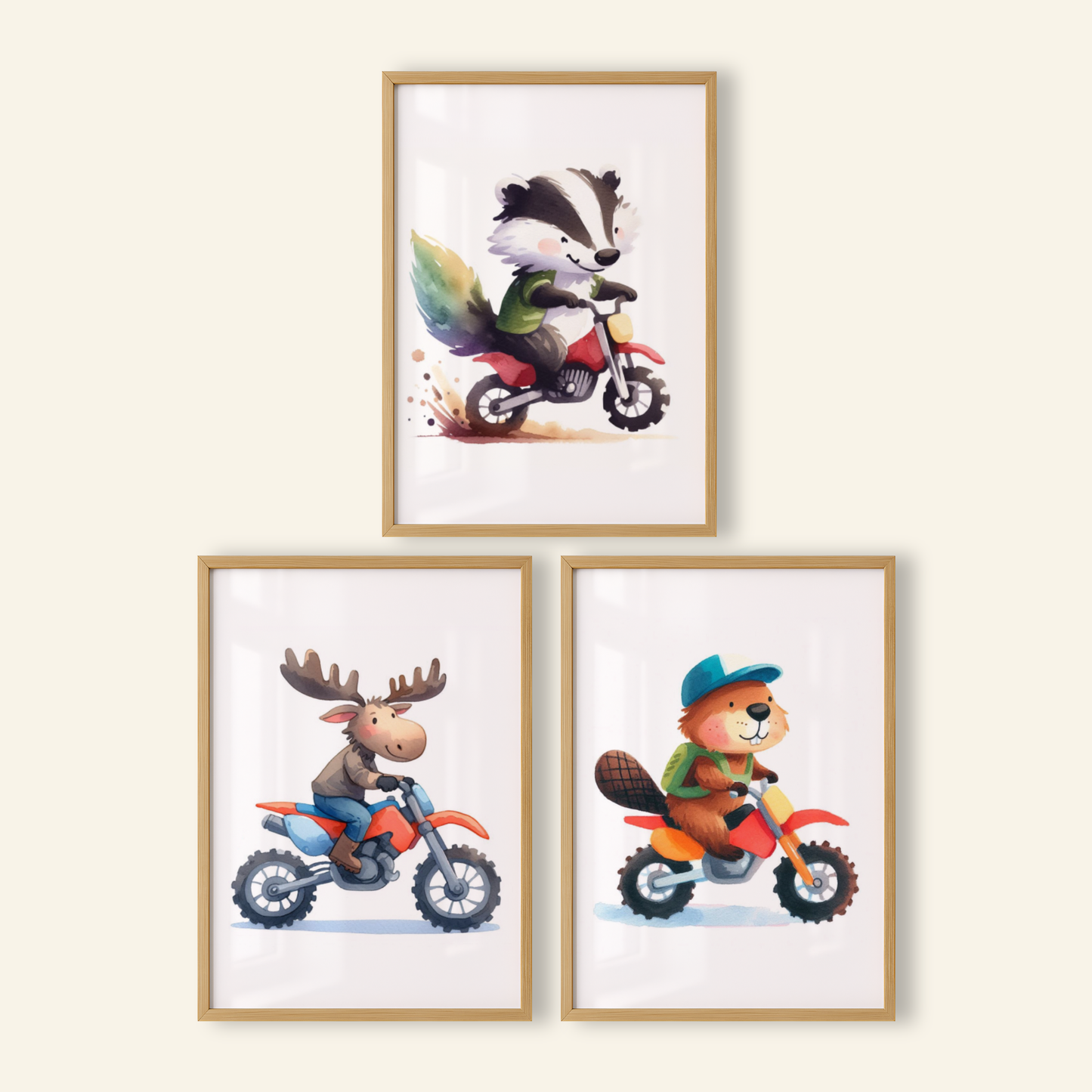 Nursery Woodland Animal Bikers - Animal Motorbike Print Set of 3