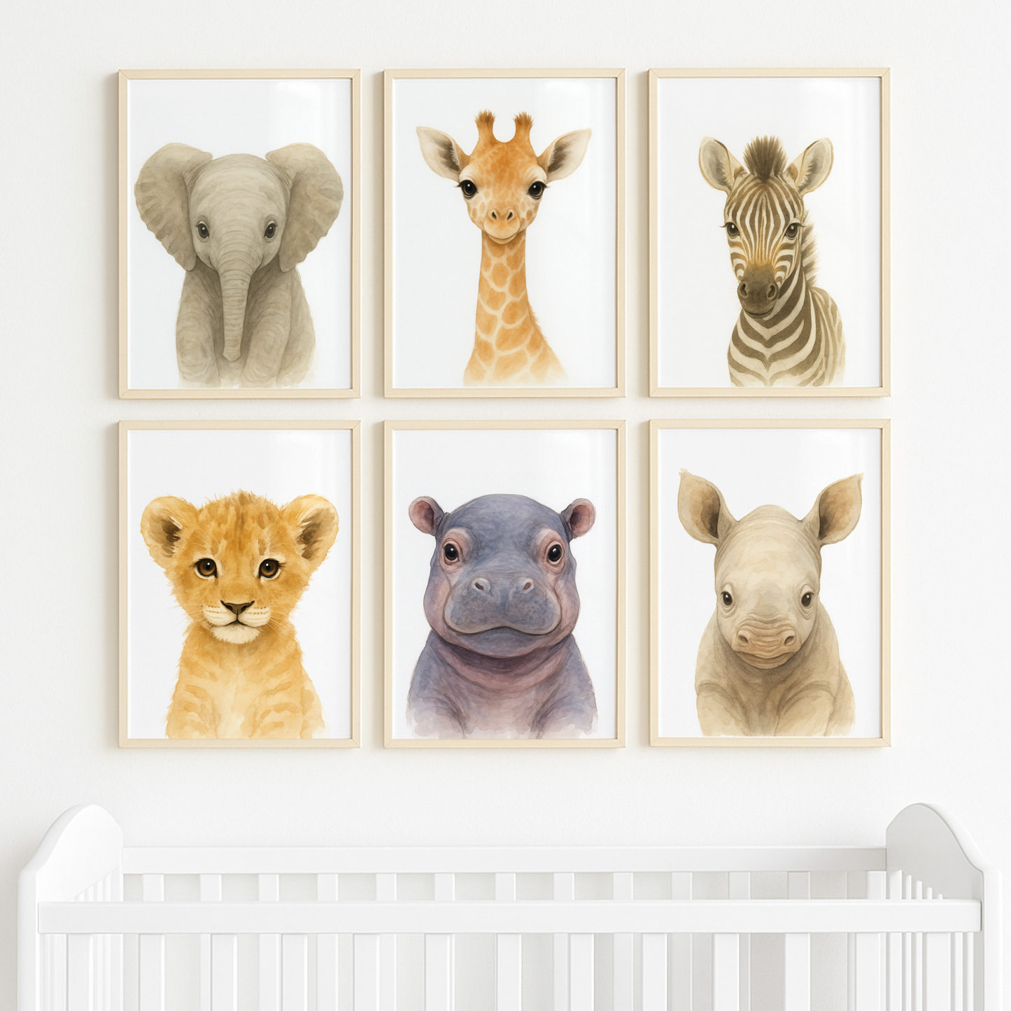 Elephant, Giraffe, Zebra, Lion, Hippo & Rhino - Safari Nursery Print Set of 6