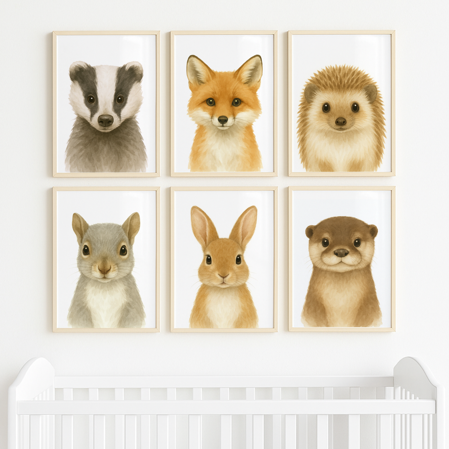 Badger, Fox, Hedgehog, Squirrel, Rabbit & Otter - Woodland Nursery Print Set of 6