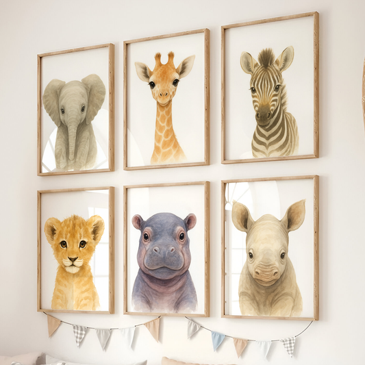 Elephant, Giraffe, Zebra, Lion, Hippo & Rhino - Safari Nursery Print Set of 6