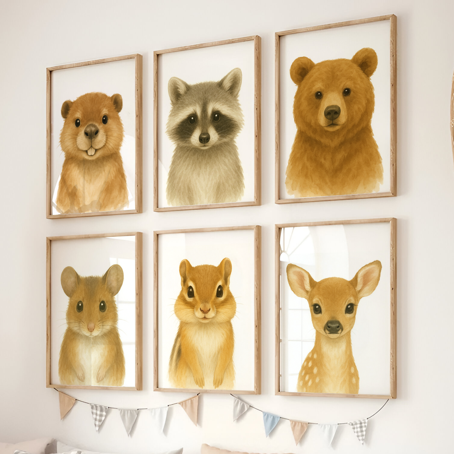 Beaver, Racoon, Bear, Mouse, Chipmunk & Deer - Woodland Nursery Print Set of 6