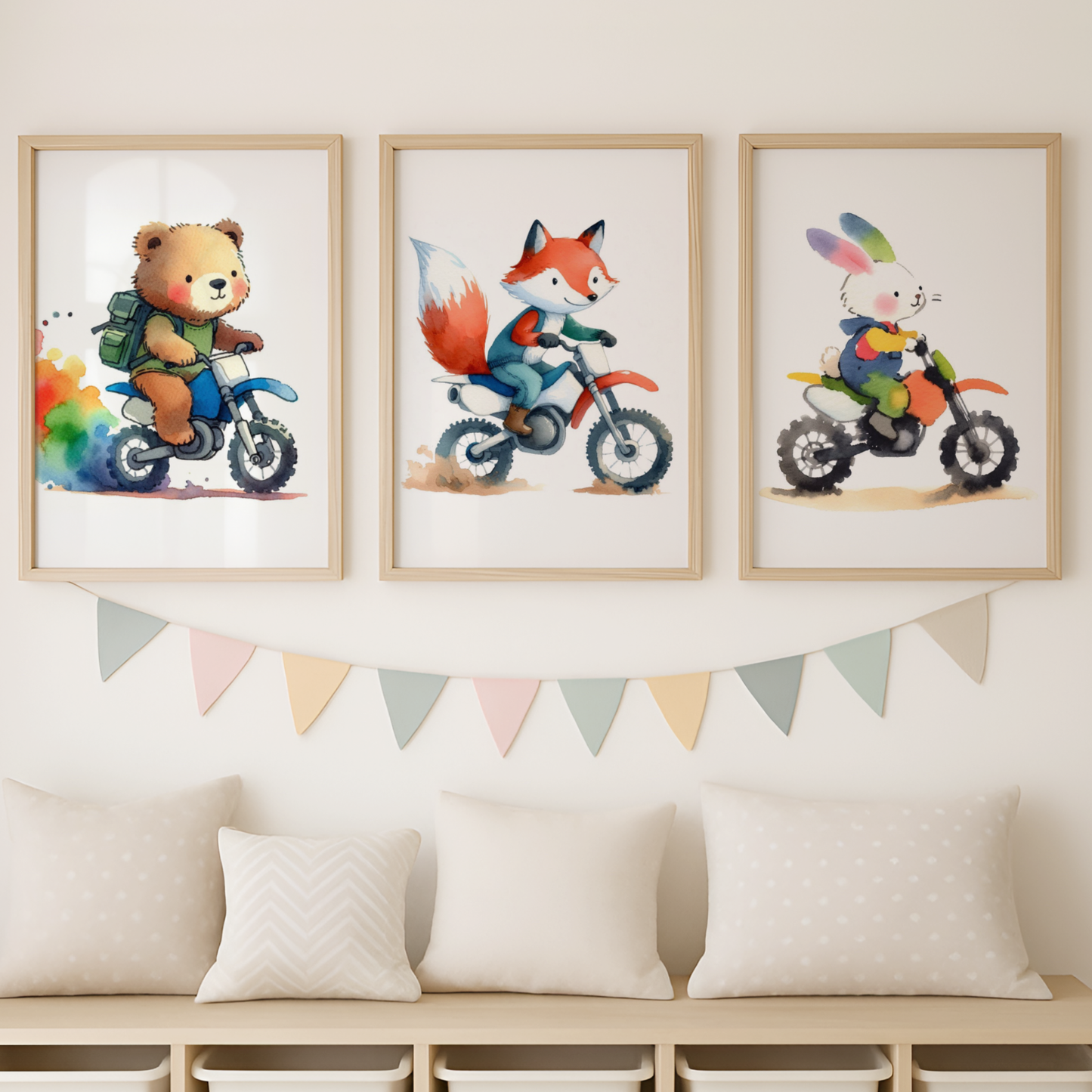Nursery Woodland Animal Bikers - Animal Motorbike Print Set of 3