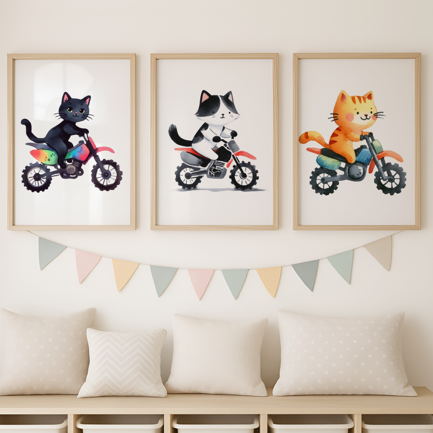 Nursery Cat Bikers - Animal Motorbike Print Set of 3