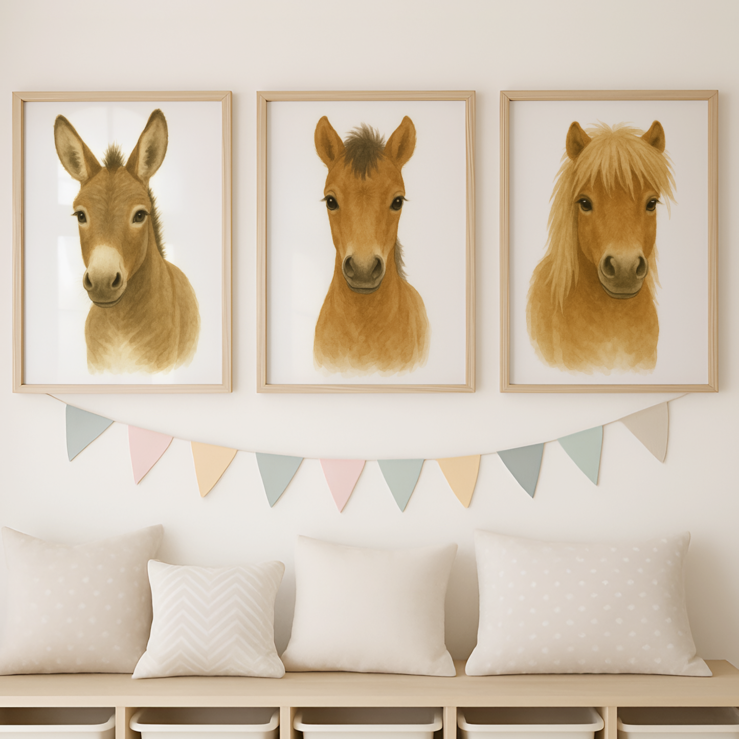Horse & Donkey Print Set - Nursery Farmyard Animal Collection Set of 3