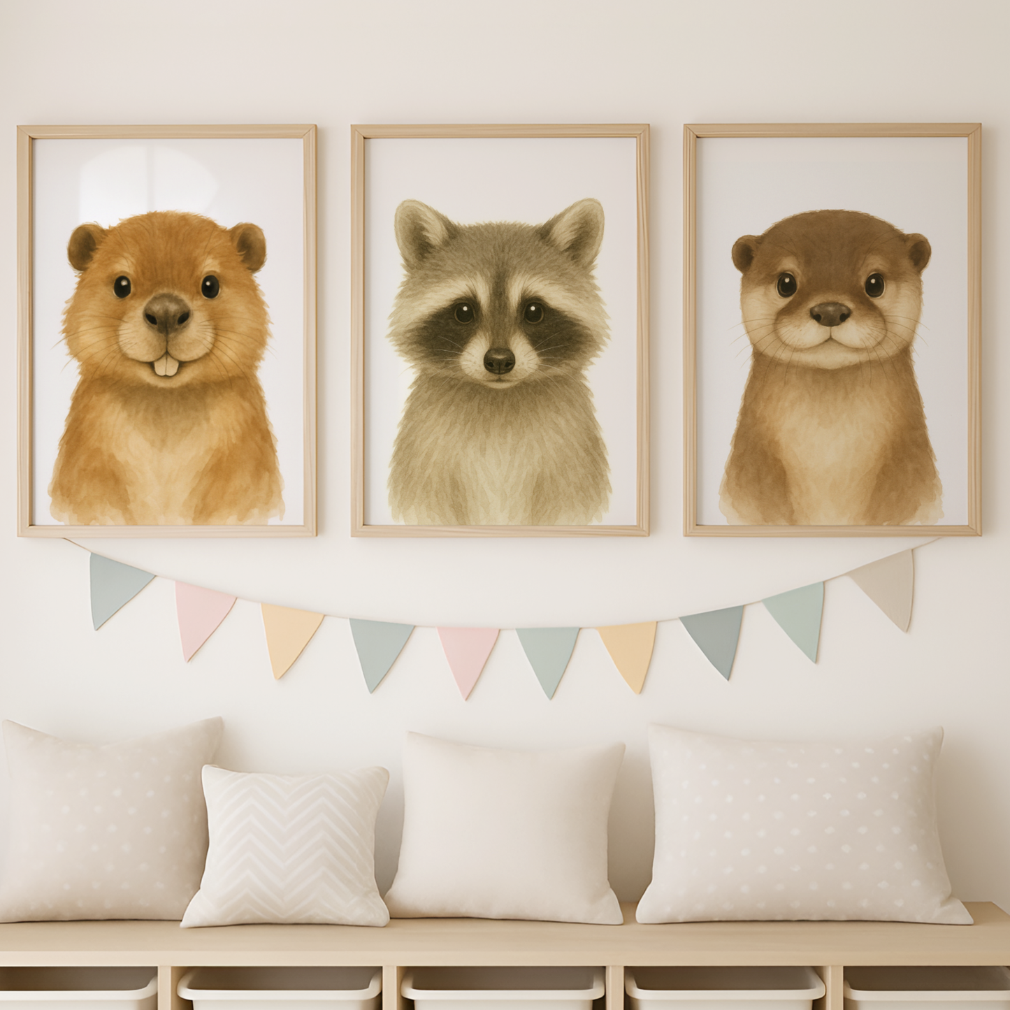 Beaver, Racoon & Otter - Woodland Nursery Print Set of 3