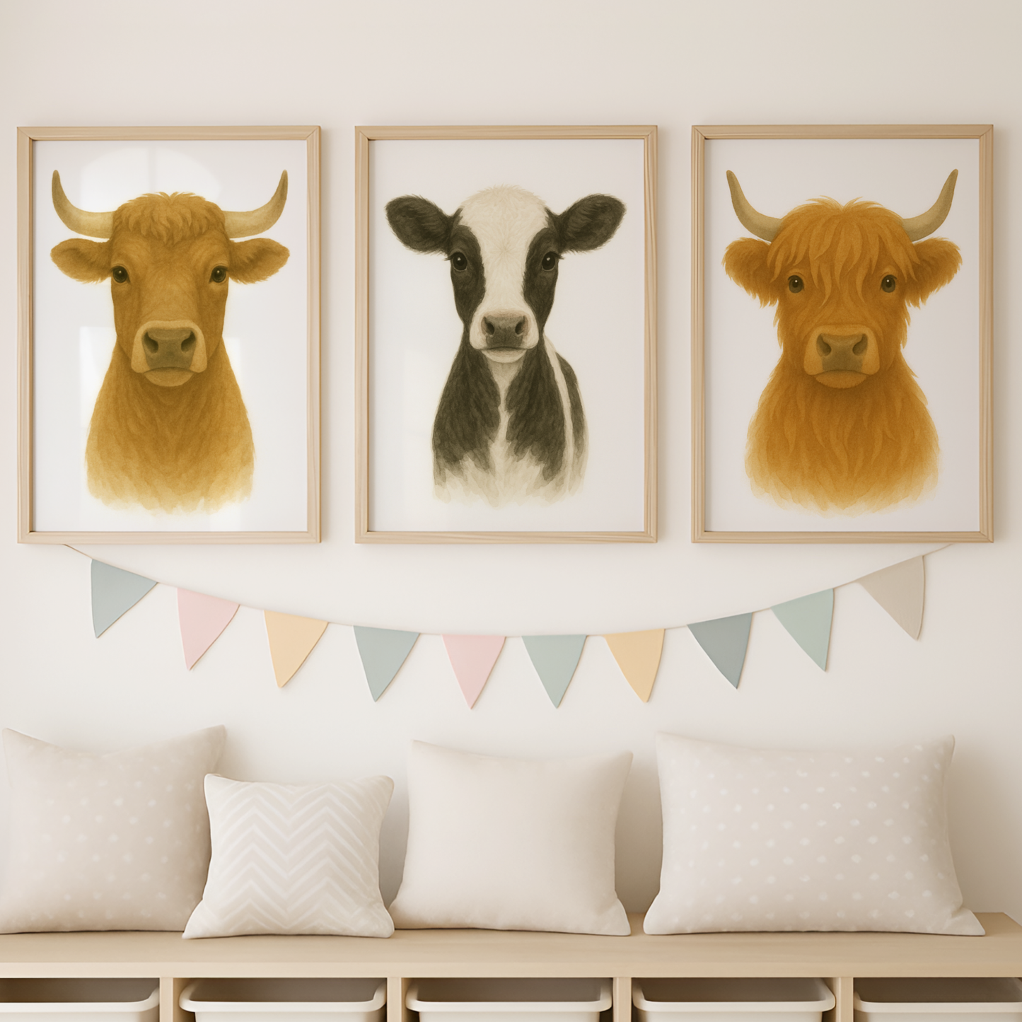 Watercolour Cows Print Set - Nursery Farmyard Animal Collection Set of 3
