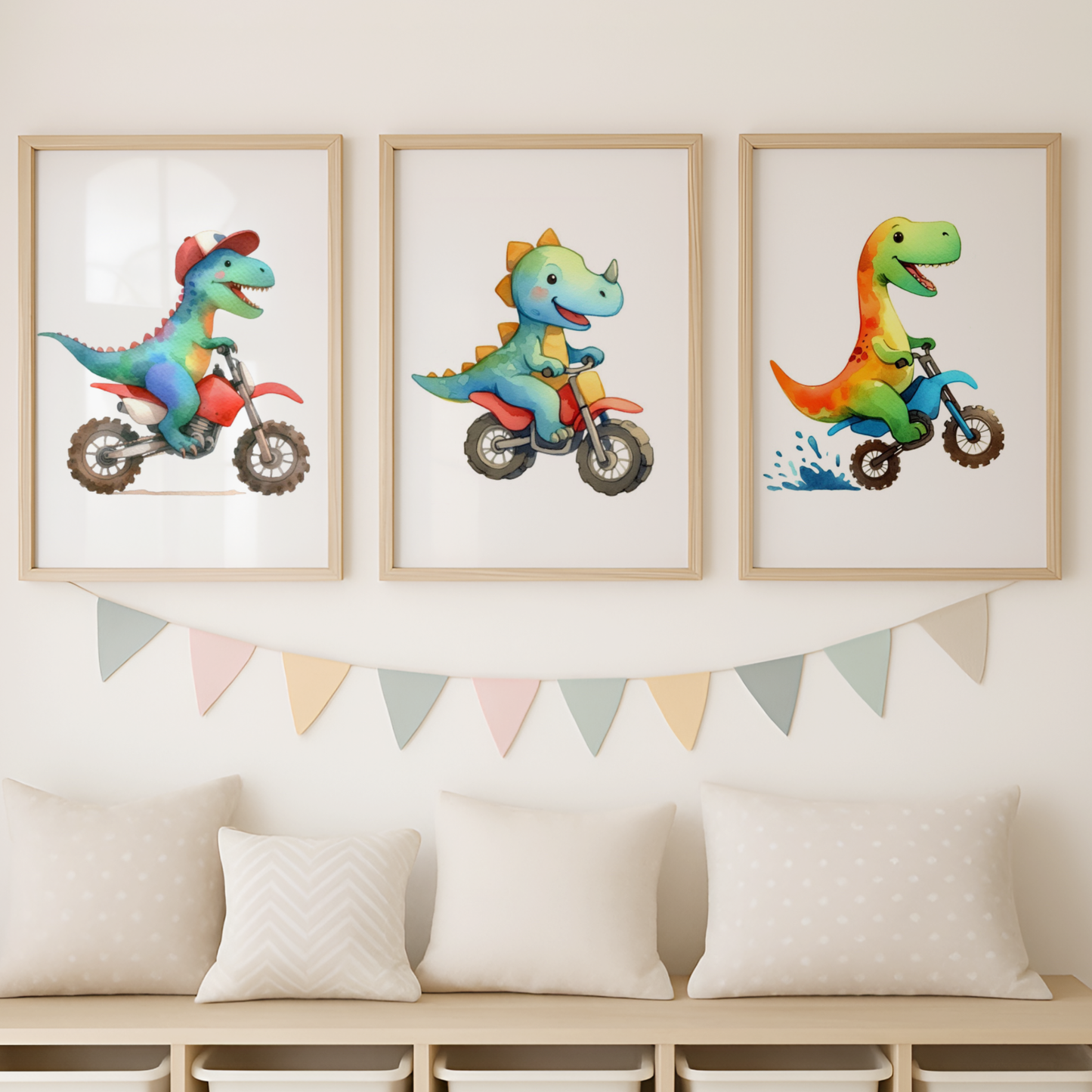 Nursery Dinosaur Bikers - Animal Motorbike Print Set of 3
