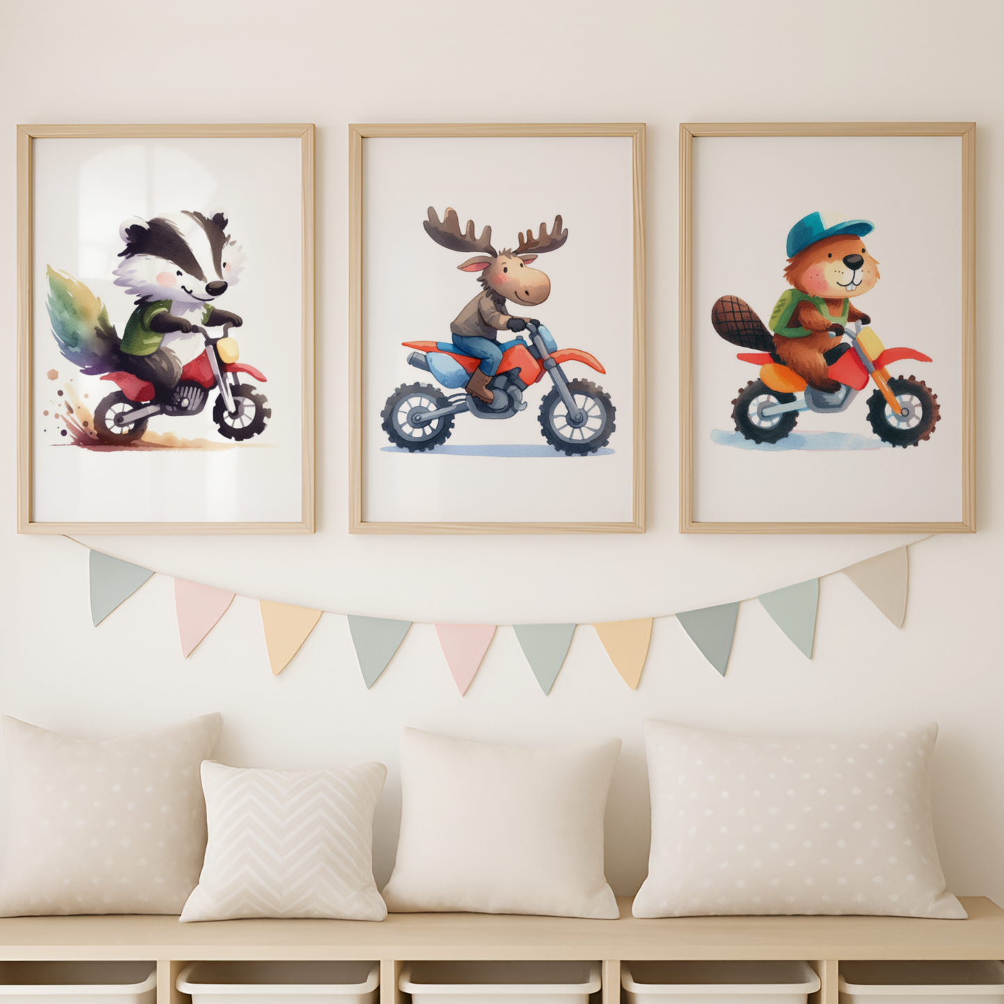 Nursery Woodland Animal Bikers - Animal Motorbike Print Set of 3