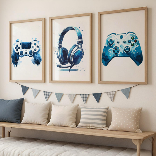 Blue & White Gaming Print Set - Gaming Collection Set of 3