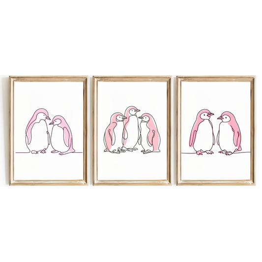 Pink Penguin Line Art Print Set