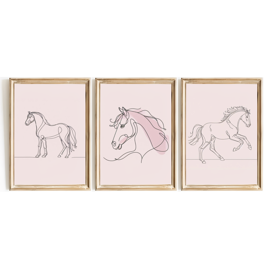 Pink Horse Line Art Print Set