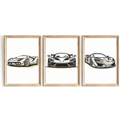 Gold Car Line Art Print Set