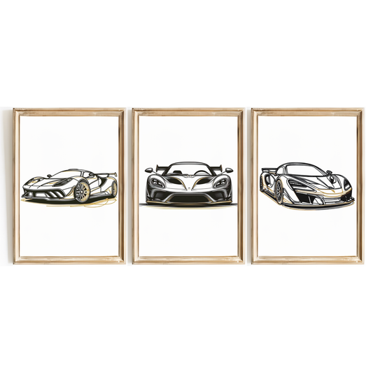 Gold Car Line Art Print Set
