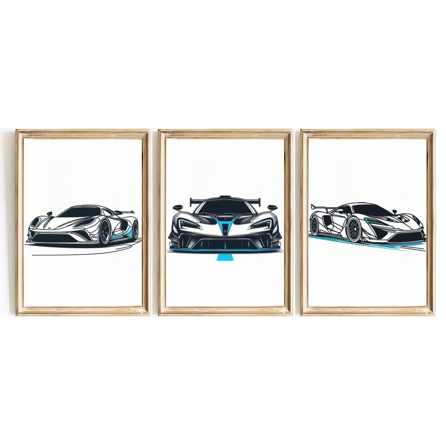 Blue Car Line Art Print Set