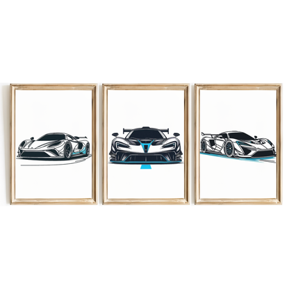 Blue Car Line Art Print Set