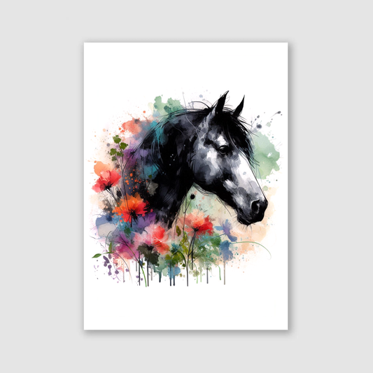 Black Floral Horse Portrait Print - Horse & Pony Collection