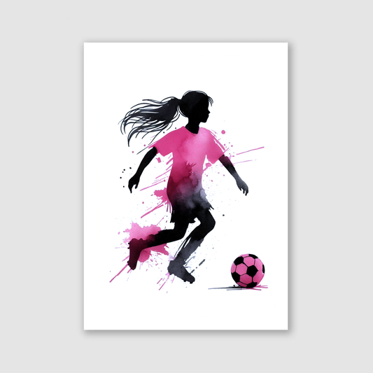 Pink & Black Girl Footballer Art Print - Football Collection