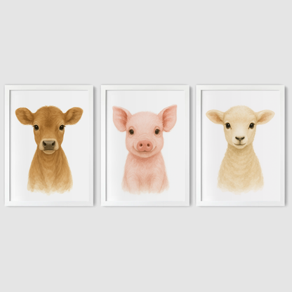 Baby Farm Animals Print Set - Nursery Farmyard Animal Collection Set of 3