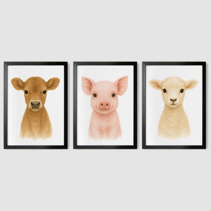 Baby Farm Animals Print Set - Nursery Farmyard Animal Collection Set of 3