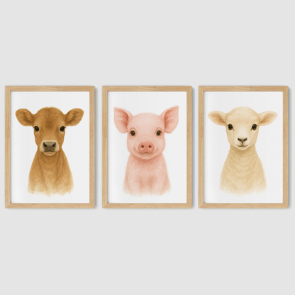 Baby Farm Animals Print Set - Nursery Farmyard Animal Collection Set of 3