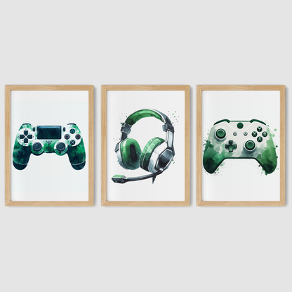Green & White Gaming Print Set - Gaming Collection Set of 3
