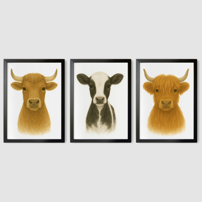 Watercolour Cows Print Set - Nursery Farmyard Animal Collection Set of 3