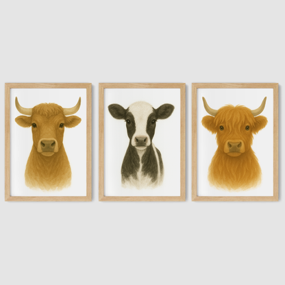 Watercolour Cows Print Set - Nursery Farmyard Animal Collection Set of 3