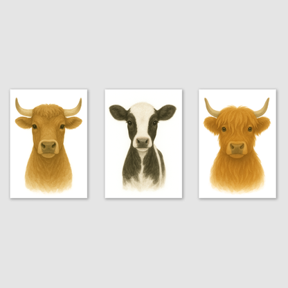 Watercolour Cows Print Set - Nursery Farmyard Animal Collection Set of 3