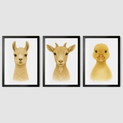 Llama, Goat & Duckling Print Set - Nursery Farmyard Animal Collection Set of 3