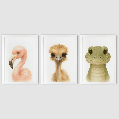Flamingo, Ostrich & Crocodile - Safari Nursery Print Set of 3