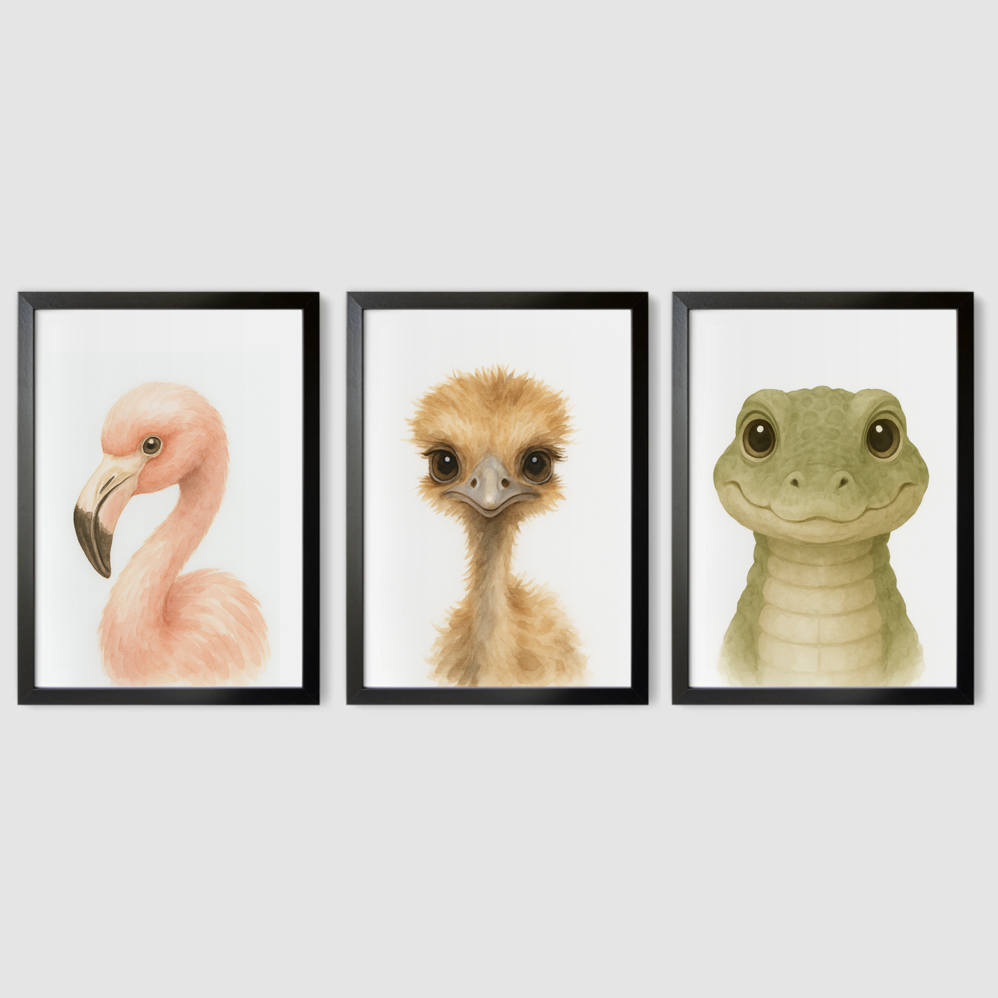 Flamingo, Ostrich & Crocodile - Safari Nursery Print Set of 3
