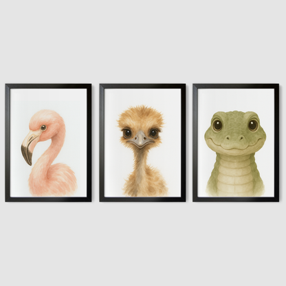 Flamingo, Ostrich & Crocodile - Safari Nursery Print Set of 3