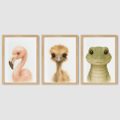 Flamingo, Ostrich & Crocodile - Safari Nursery Print Set of 3