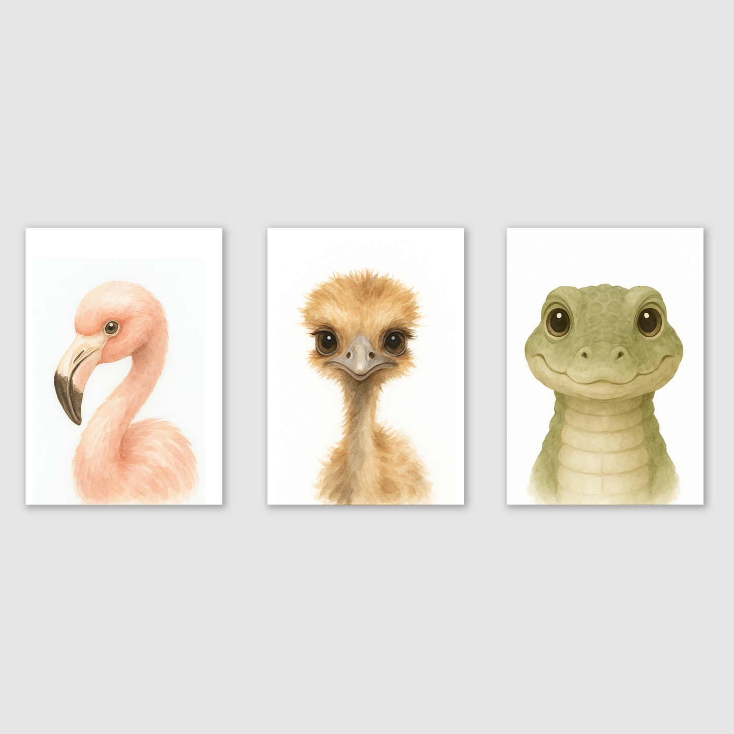Flamingo, Ostrich & Crocodile - Safari Nursery Print Set of 3