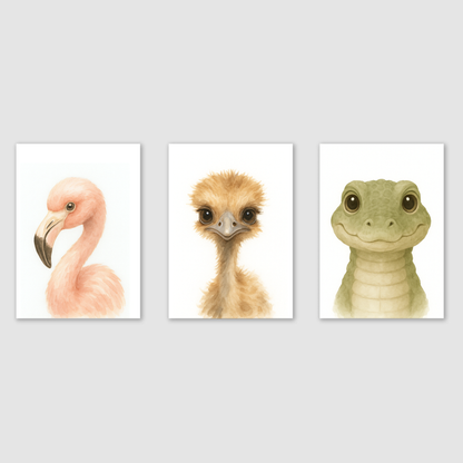 Flamingo, Ostrich & Crocodile - Safari Nursery Print Set of 3