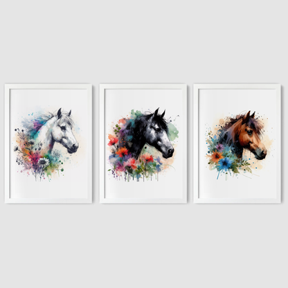 Floral Horse Portrait Print Set - Horse & Pony Collection Set of 3